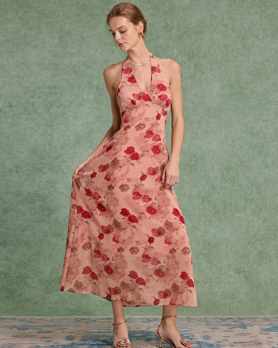 Red Floral Shirred Halter Maxi Dress