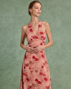 Red Floral Shirred Halter Maxi Dress