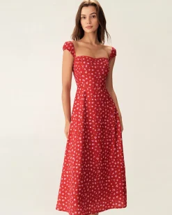 Red Floral Sweetheart Neck Cap Sleeve Midi Dress