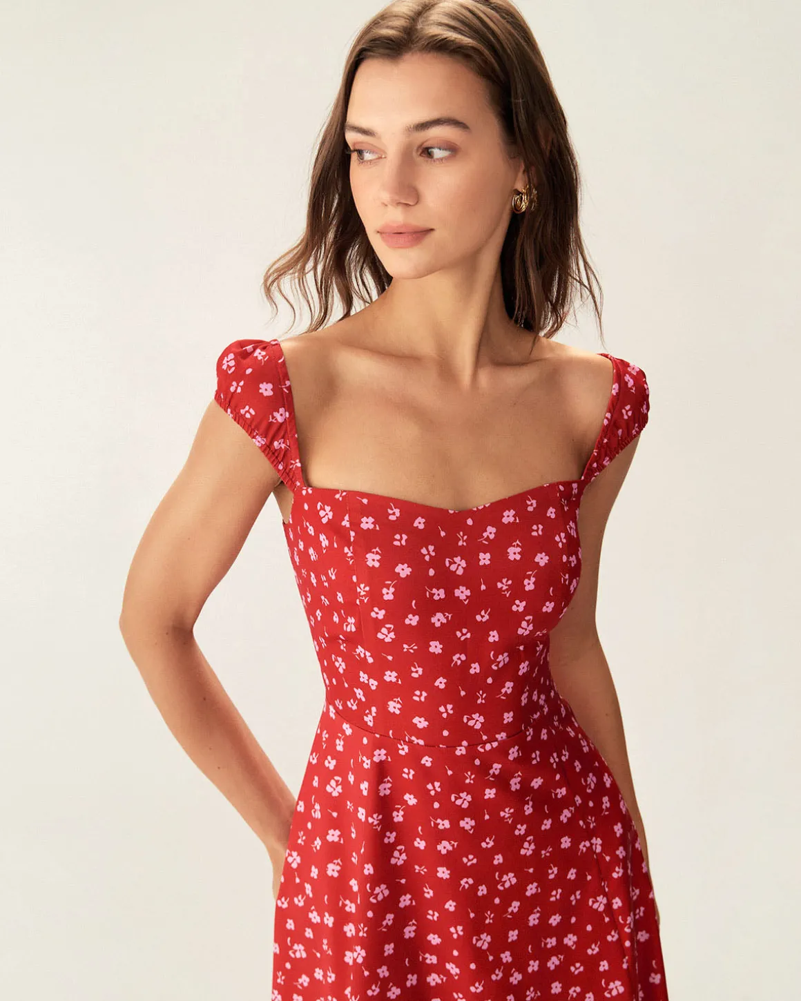 Red Floral Sweetheart Neck Cap Sleeve Midi Dress