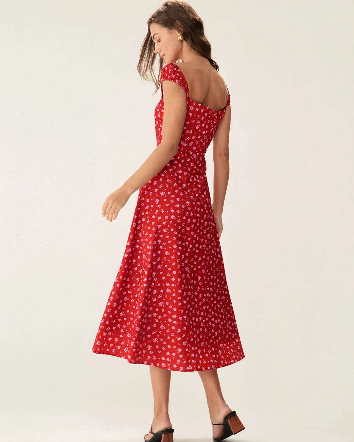 Red Floral Sweetheart Neck Cap Sleeve Midi Dress