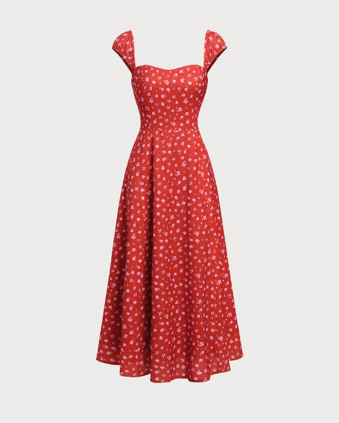Red Floral Sweetheart Neck Cap Sleeve Midi Dress