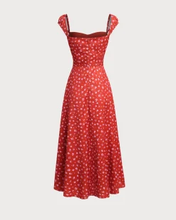 Red Floral Sweetheart Neck Cap Sleeve Midi Dress