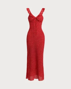 Red Floral V Neck Ruffle Maxi Dress