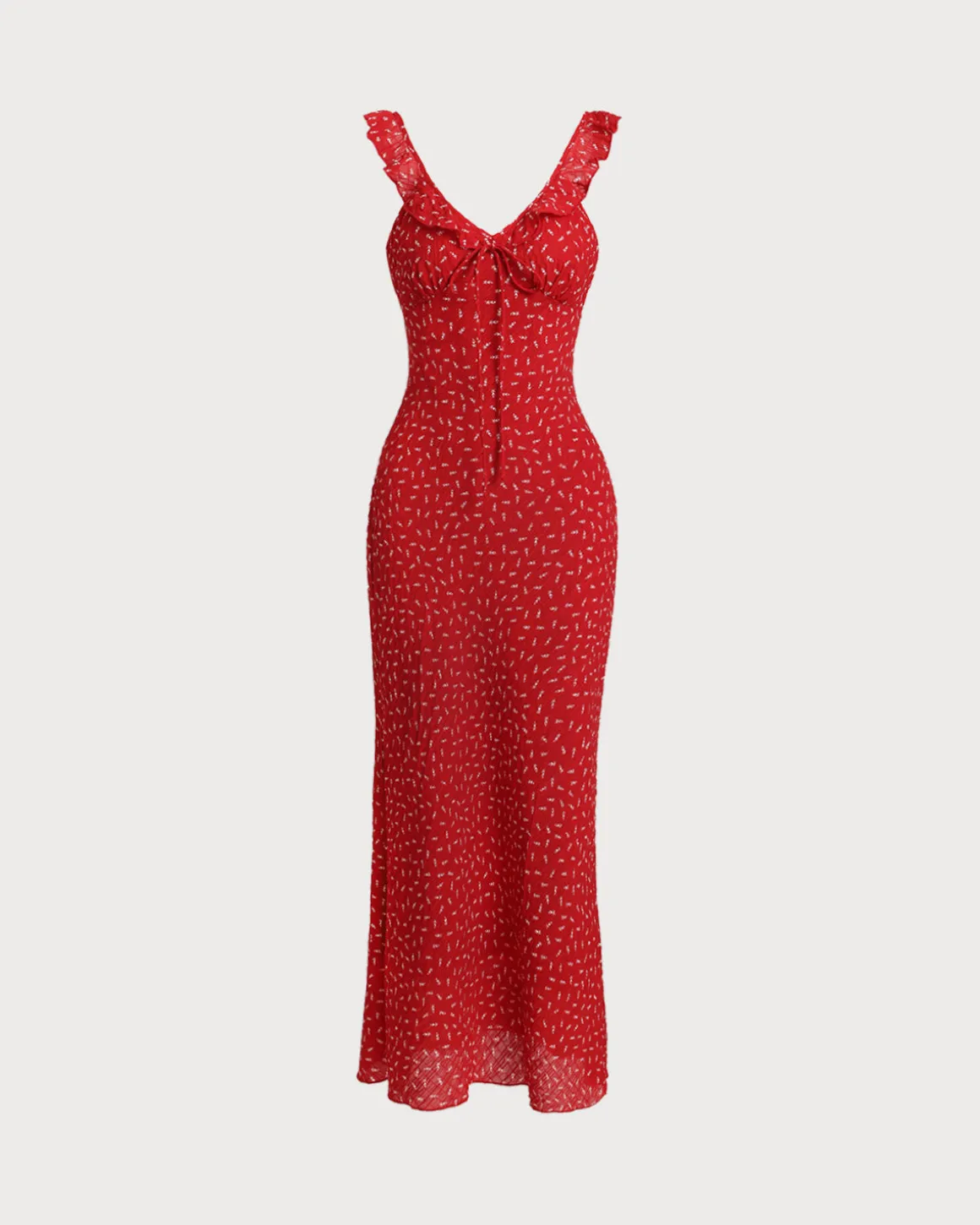 Red Floral V Neck Ruffle Maxi Dress