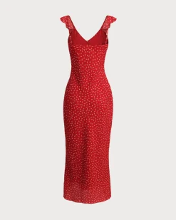 Red Floral V Neck Ruffle Maxi Dress