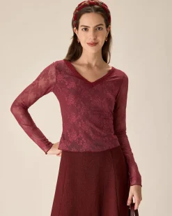 Red Floral V-Neck See-Through Lace Tee