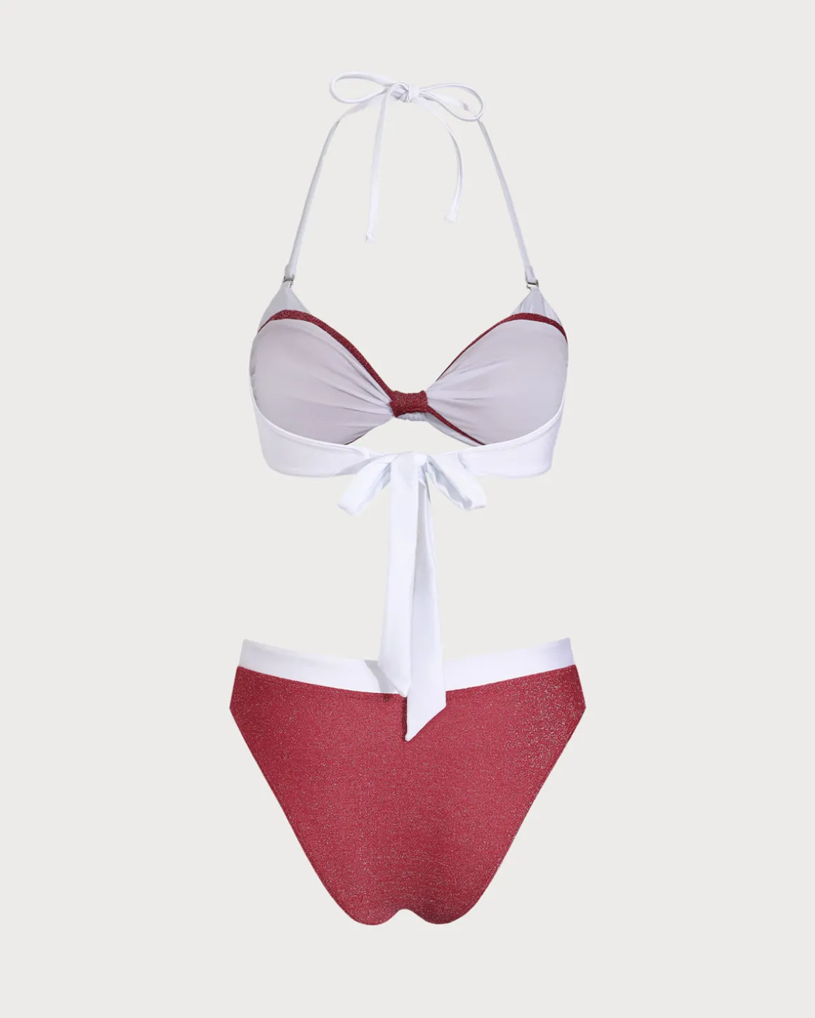Red Knit Contrast Color Fake Two Piece Bikini Set