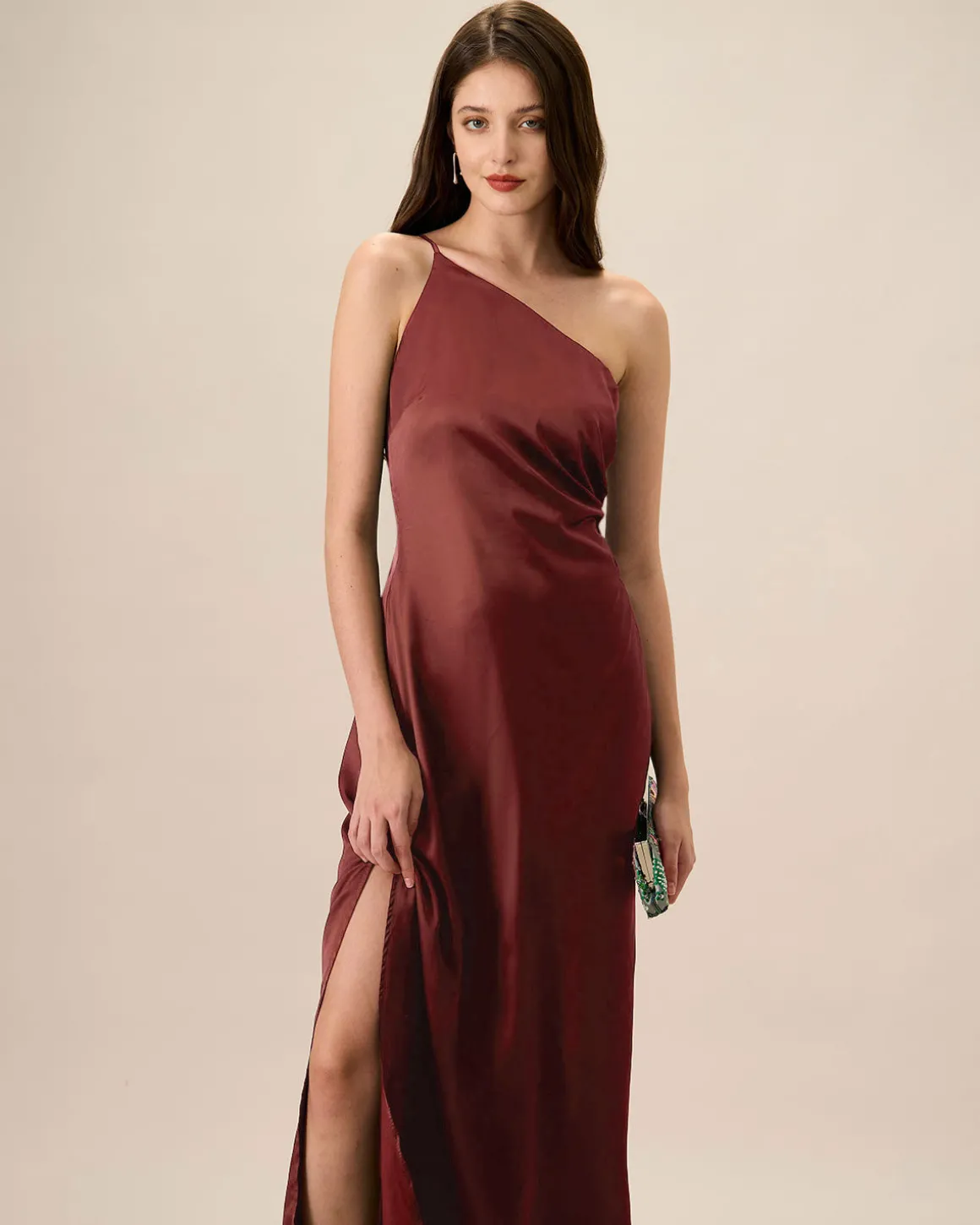 Red One-shoulder Satin Maxi Dress