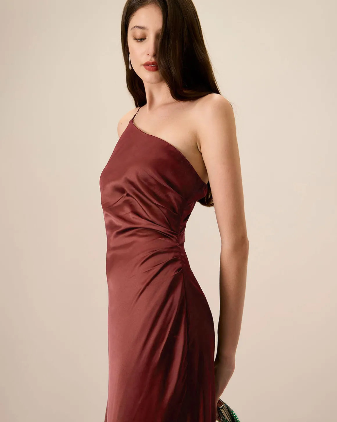Red One-shoulder Satin Maxi Dress