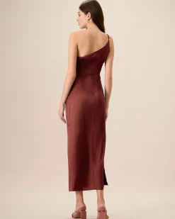 Red One-shoulder Satin Maxi Dress