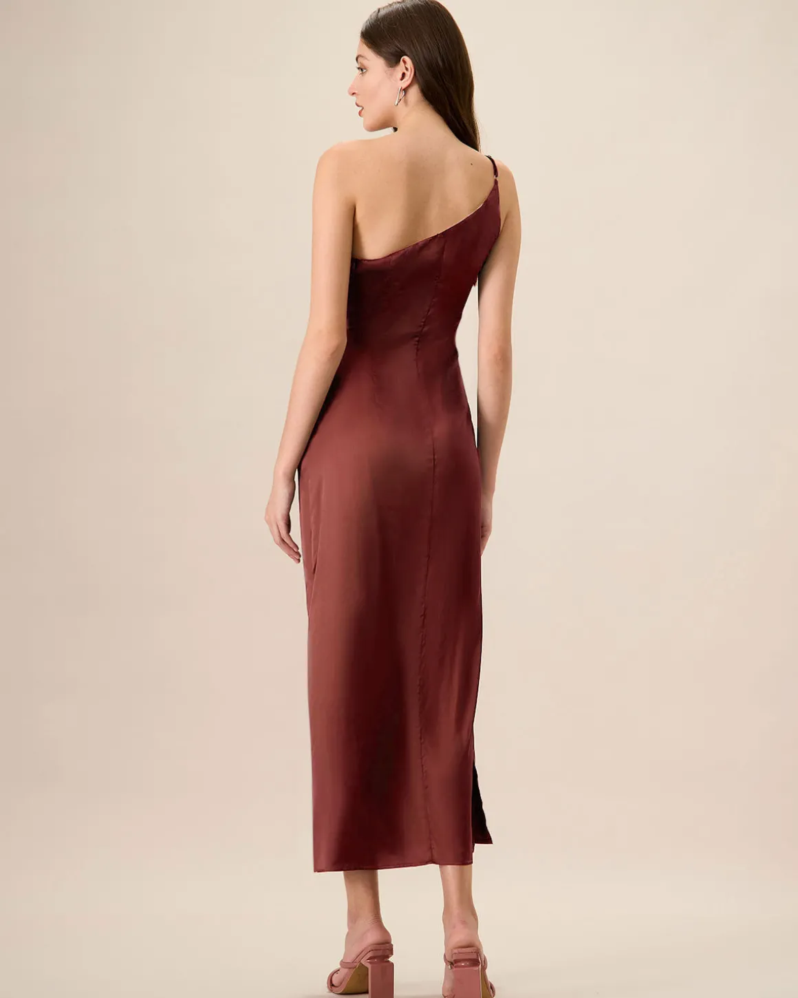 Red One-shoulder Satin Maxi Dress
