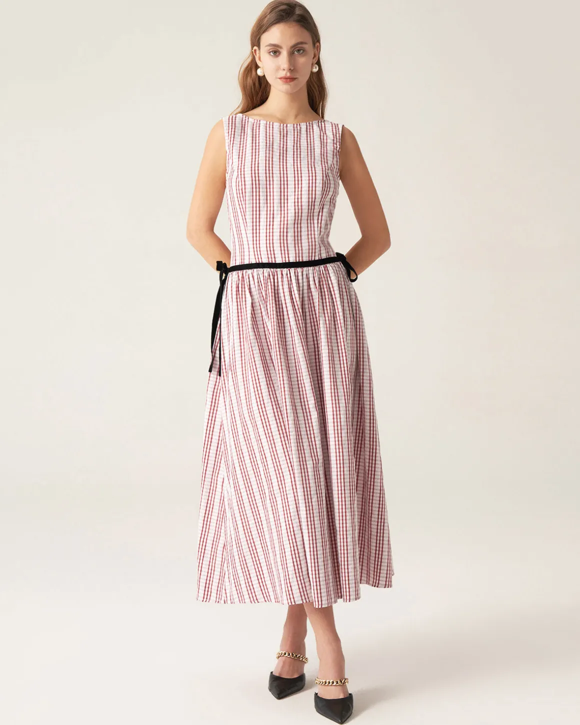Red Plaid Boat Neck Midi Dress