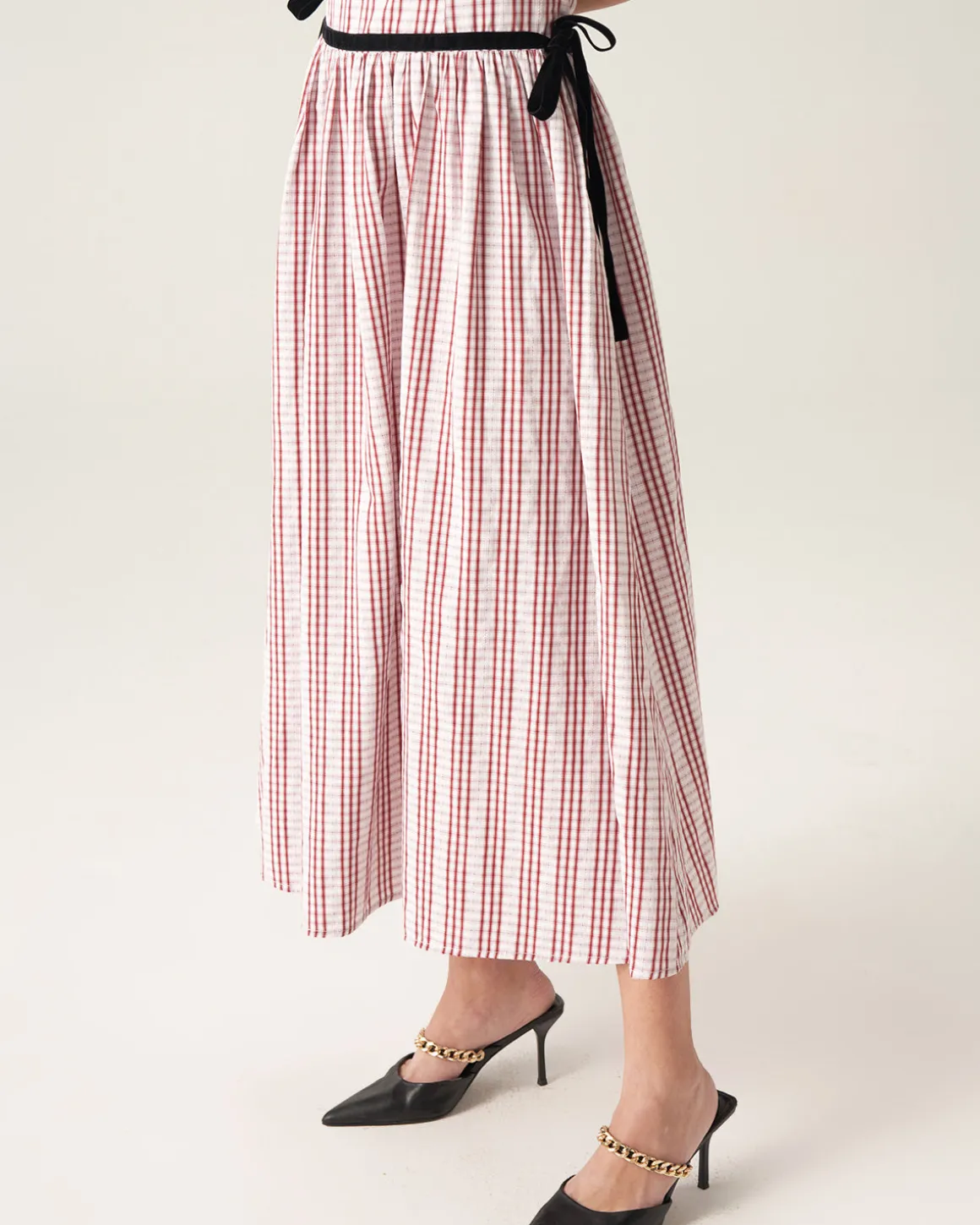 Red Plaid Boat Neck Midi Dress