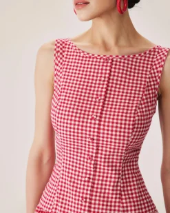 Red Plaid Boat Neck Mini Dress
