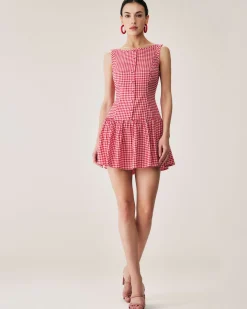 Red Plaid Boat Neck Mini Dress
