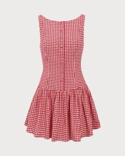 Red Plaid Boat Neck Mini Dress