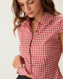 Red Plaid Cap Sleeve Button Blouse