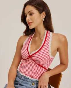 Red Plaid Halter Tank Top