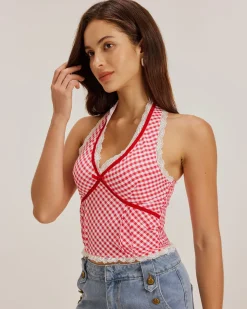 Red Plaid Halter Tank Top