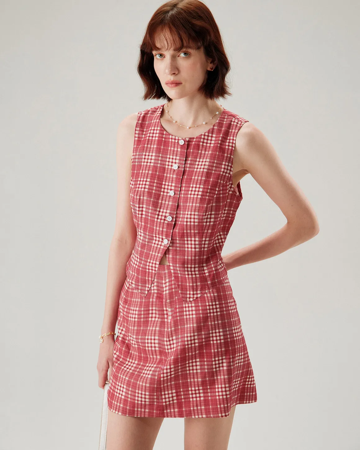 Red Plaid High-Waisted Mini Skirt