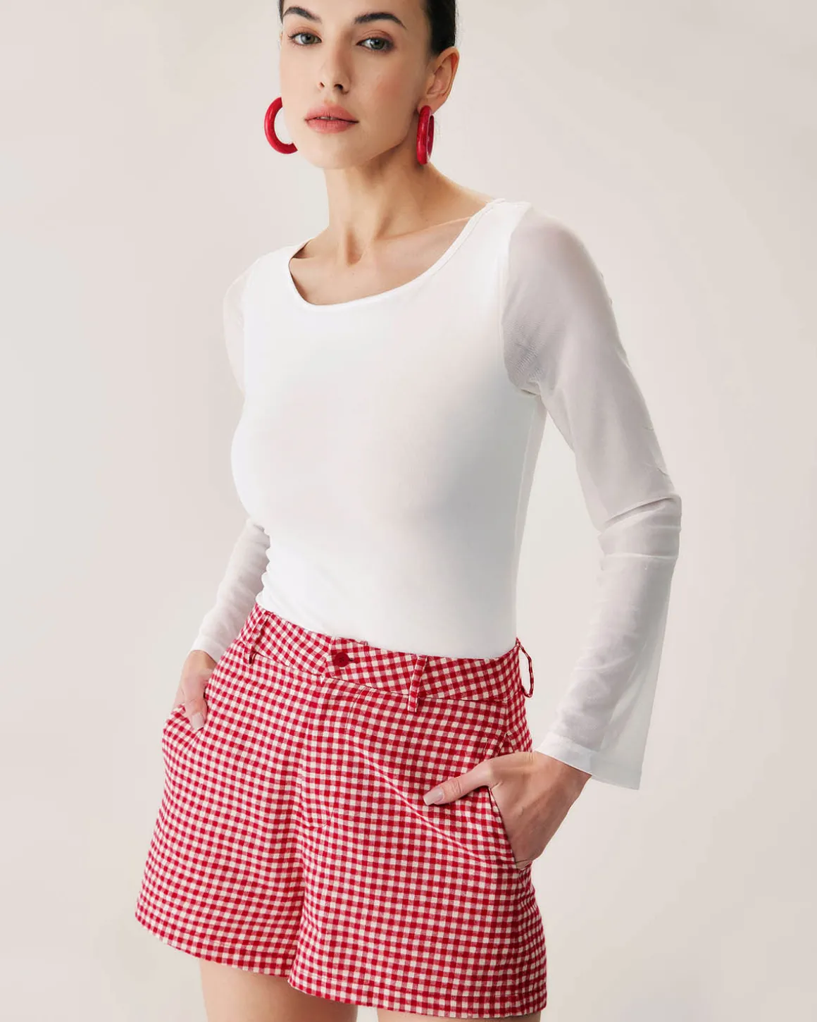 Red Plaid High-waisted Pocket Shorts