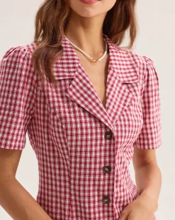 Red Plaid Pocket Button Mini Dress