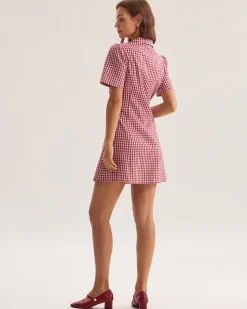 Red Plaid Pocket Button Mini Dress