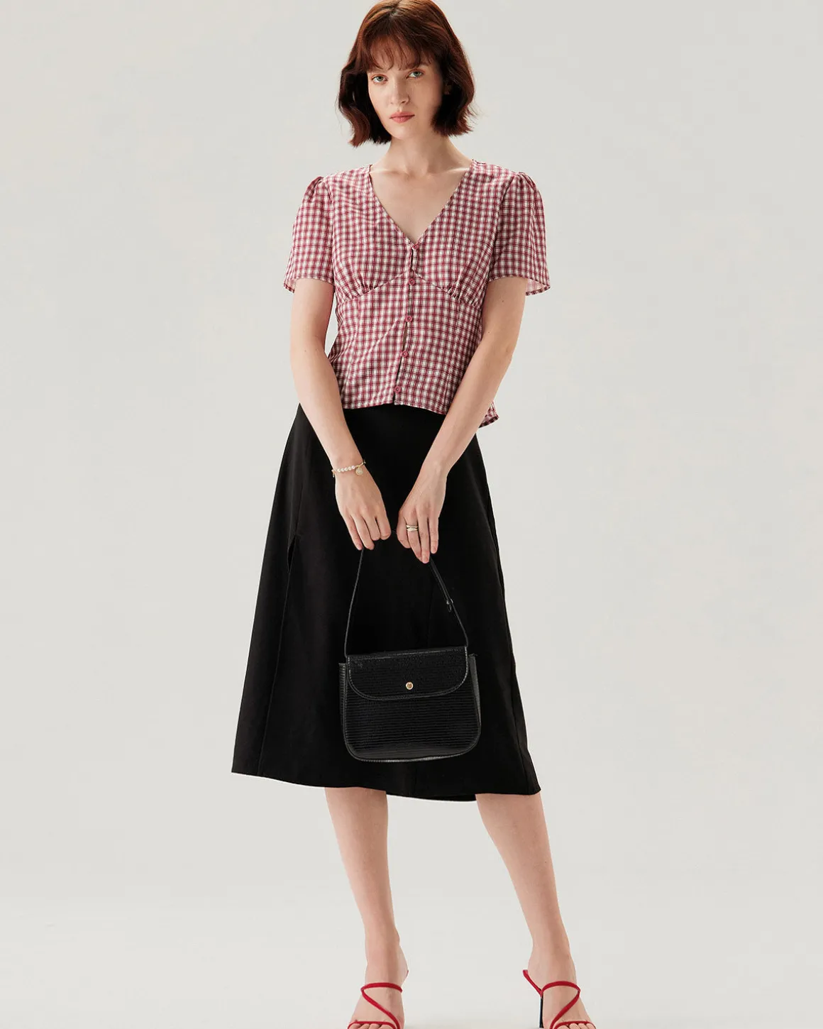 Red Plaid Puffed Sleeve V Neck Blouse