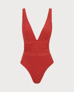 Red Plaid Ruched V-Neck One-Piece Swimsuit