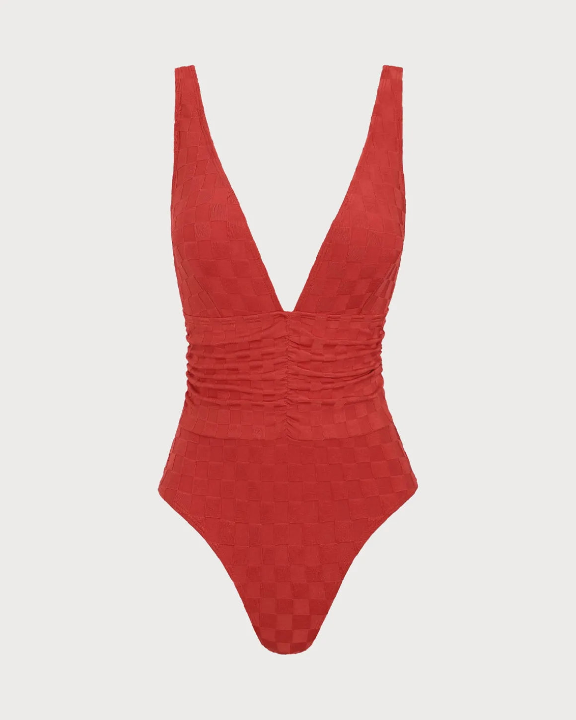 Red Plaid Ruched V-Neck One-Piece Swimsuit
