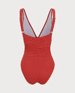 Red Plaid Ruched V-Neck One-Piece Swimsuit
