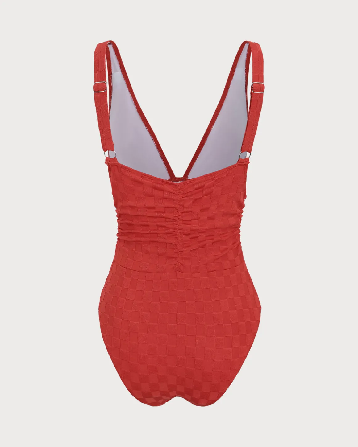 Red Plaid Ruched V-Neck One-Piece Swimsuit