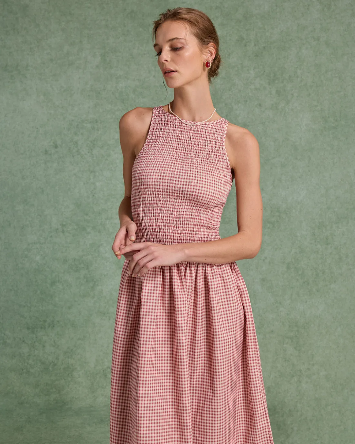 Red Plaid Shirred Sleeveless Midi Dress