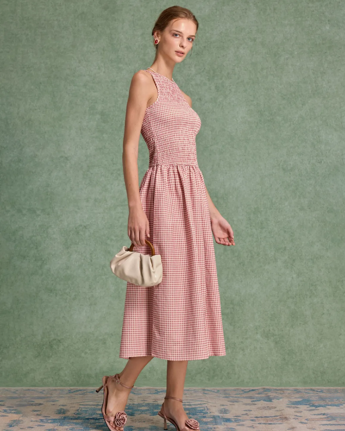Red Plaid Shirred Sleeveless Midi Dress