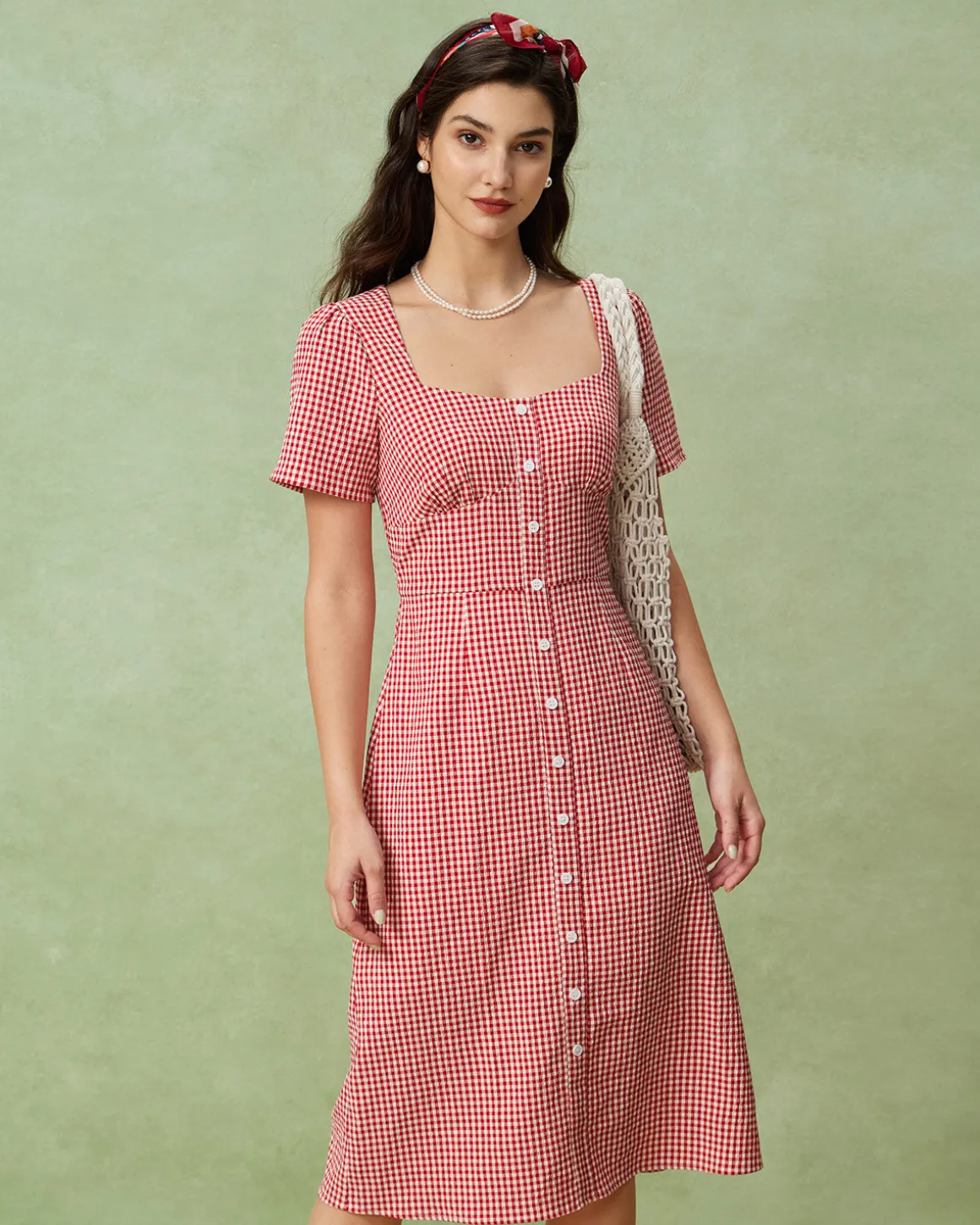 Red Plaid Square Neck Midi Dress