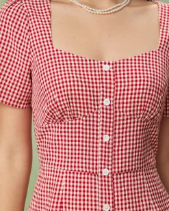 Red Plaid Square Neck Midi Dress
