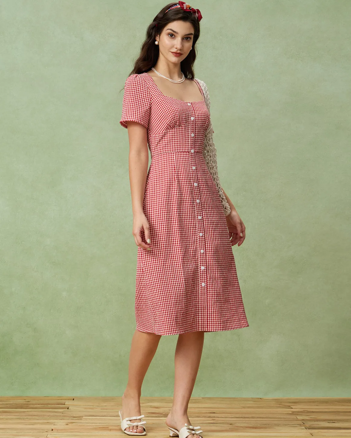 Red Plaid Square Neck Midi Dress