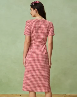 Red Plaid Square Neck Midi Dress