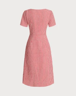 Red Plaid Square Neck Midi Dress