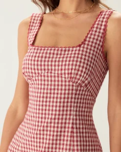 Red Plaid Square Neck Slip Mini Dress