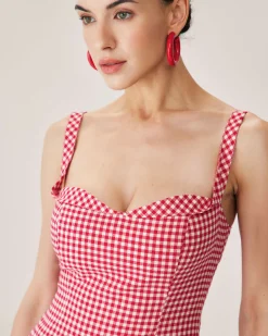 Red Plaid Sweetheart Neck Slip Mini Dress