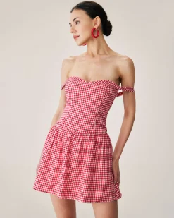 Red Plaid Sweetheart Neck Slip Mini Dress