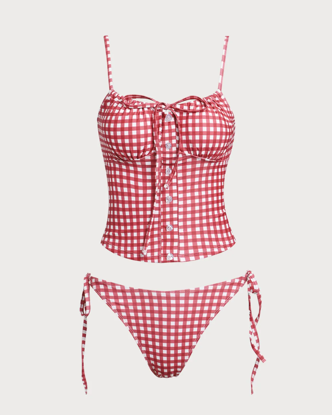 Red Plaid Tie Front Tankini Swimsuit
