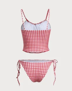 Red Plaid Tie Front Tankini Swimsuit