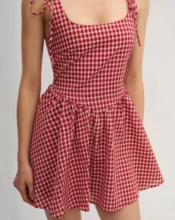 Red Plaid Tie Strap Mini Dress