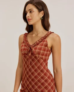 Red Plaid V Neck Slip Maxi Dress
