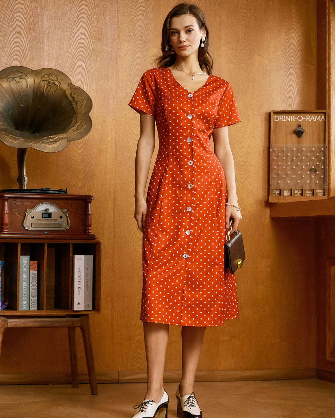 Red Polka Dot Button Midi Dress