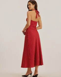 Red Polka Dot Halter Maxi Dress