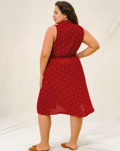 Red Polka Dot Plus Size Button Midi Dress